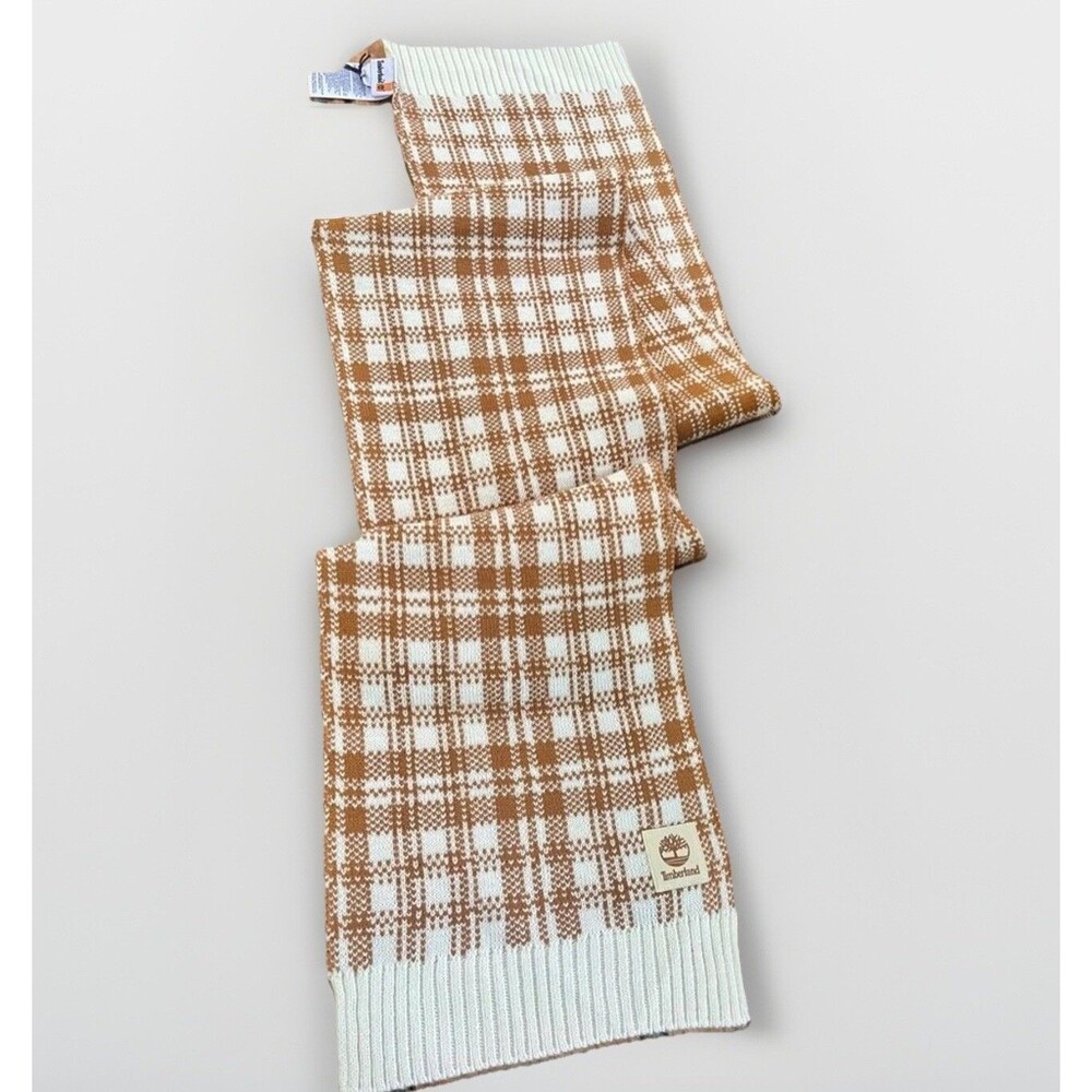 NWT Timberland Houndstooth Knit Scarf Khaki Tan & White Rustic Gorp Lumberjack